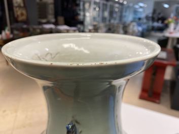 Deux vases en porcelaine de Chine en bleu et blanc sur fond c&eacute;ladon, 19&egrave;me