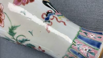 A Chinese famille rose garniture of five vases with antiquities, Qianlong