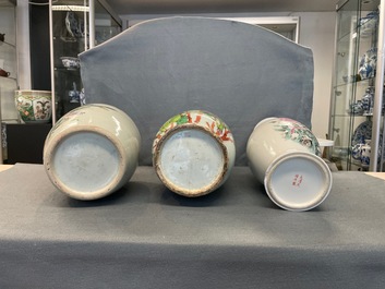 Five Chinese qianjiang cai, famille rose and celadon vases, 19/20th C.