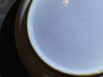 Four Chinese gilt-decorated blue-ground cups and saucers with fine landscapes, Qianlong