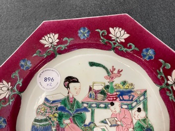 A pair of Chinese octagonal famille rose 'ruby border' plates, Yongzheng