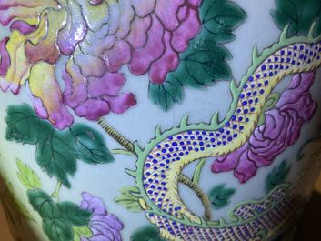 A pair of Chinese famille rose celadon-ground 'dragon' vases, 19th C.