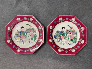 A pair of Chinese octagonal famille rose 'ruby border' plates, Yongzheng
