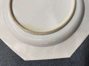 A pair of Chinese octagonal famille rose 'ruby border' plates, Yongzheng