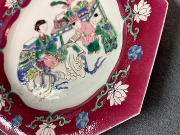 A pair of Chinese octagonal famille rose 'ruby border' plates, Yongzheng
