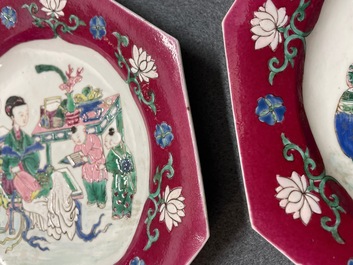 A pair of Chinese octagonal famille rose 'ruby border' plates, Yongzheng