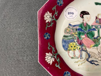 A pair of Chinese octagonal famille rose 'ruby border' plates, Yongzheng