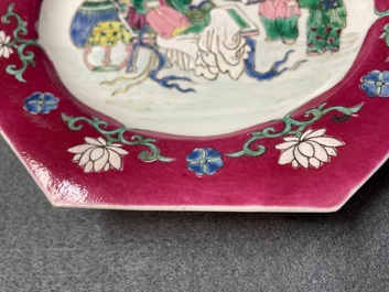A pair of Chinese octagonal famille rose 'ruby border' plates, Yongzheng