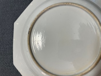A pair of Chinese octagonal famille rose 'ruby border' plates, Yongzheng