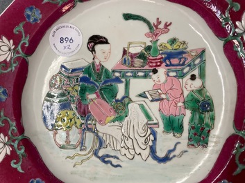 A pair of Chinese octagonal famille rose 'ruby border' plates, Yongzheng