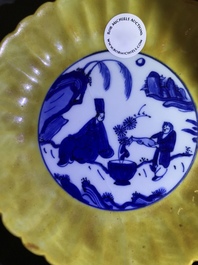 A pair of lobed Chinese blue and white yellow edge plates, 'hare' mark, Wanli