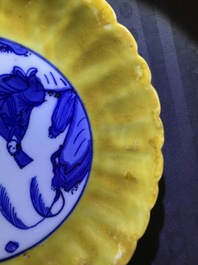 A pair of lobed Chinese blue and white yellow edge plates, 'hare' mark, Wanli