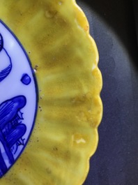 A pair of lobed Chinese blue and white yellow edge plates, 'hare' mark, Wanli