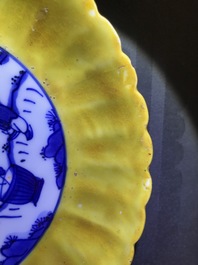 A pair of lobed Chinese blue and white yellow edge plates, 'hare' mark, Wanli
