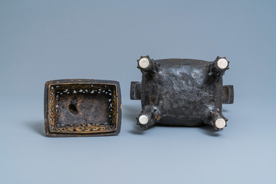 A large Chinese bronze censer and cover, Ming