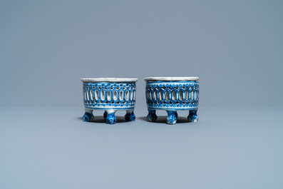 A pair of Chinese blue and white salts after European silver examples, Qianlong