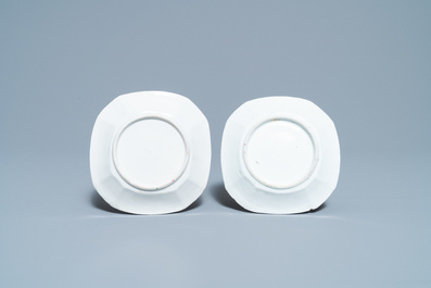 A pair of Chinese octagonal famille rose cups and saucers, Qianlong