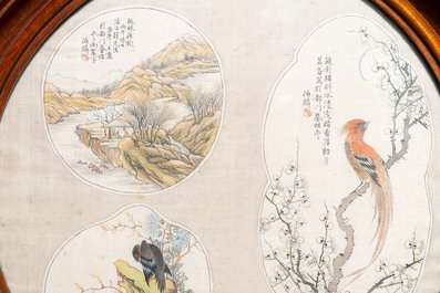 Chinese school, ink and color on textile fan leaf: 'Birds and a mountainous landscape', 19/20th C.