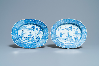 A pair of Chinese blue and white 'Xi Xiang Ji' oval dishes, Qianlong