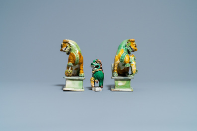 Three Chinese sancai-glazed models of Buddhist lions, Kangxi