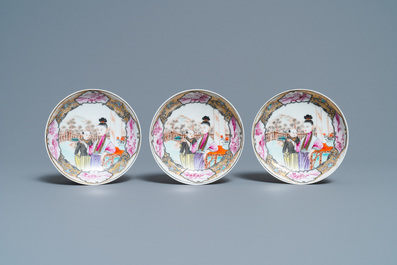 Six fine Chinese famille rose 'Mandarin' cups and saucers, Qianlong