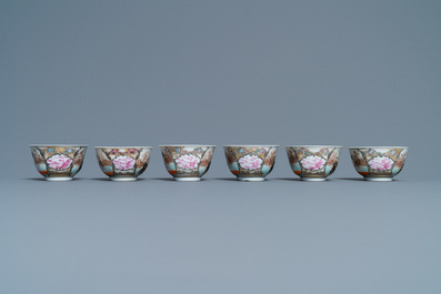 Six fine Chinese famille rose 'Mandarin' cups and saucers, Qianlong