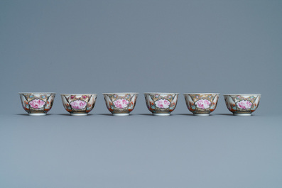 Six fine Chinese famille rose 'Mandarin' cups and saucers, Qianlong