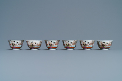Six fine Chinese famille rose 'Mandarin' cups and saucers, Qianlong