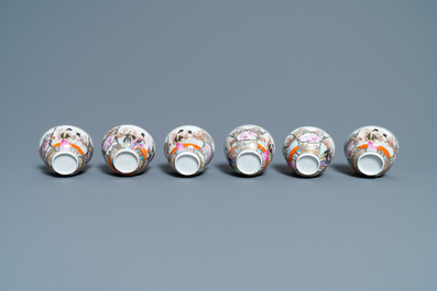 Six fine Chinese famille rose 'Mandarin' cups and saucers, Qianlong