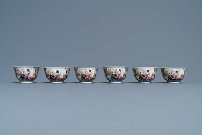 Six fine Chinese famille rose 'Mandarin' cups and saucers, Qianlong