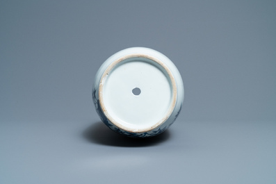 A Chinese blue, white and copper-red rouleau vase with birds among blossoming branches, 20th C.