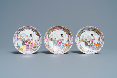 Six fine Chinese famille rose 'Mandarin' cups and saucers, Qianlong
