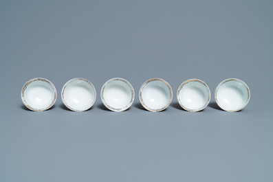 Six fine Chinese famille rose 'Mandarin' cups and saucers, Qianlong