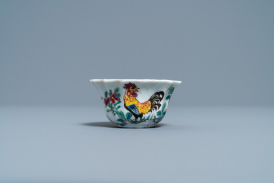 A lobed Chinese famille rose 'rooster' cup and saucer, Yongzheng