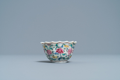 A lobed Chinese famille rose cup and saucer, Yongzheng