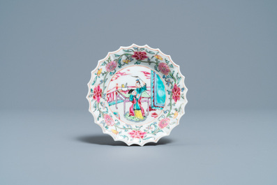A lobed Chinese famille rose cup and saucer, Yongzheng