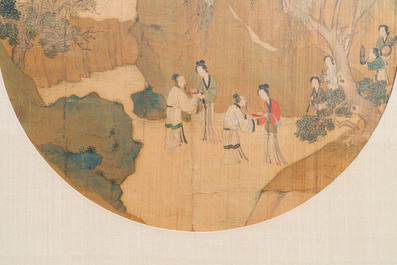Chinese school, ink and color on silk: 'Figures in a mountainous landscape', Qing