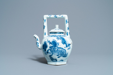 A large Chinese blue and white 'qilin' wine ewer and cover, Transitional period
