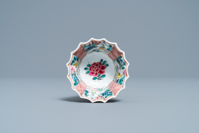 A lobed Chinese famille rose 'rooster' cup and saucer, Yongzheng