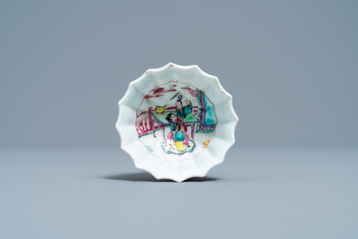 A lobed Chinese famille rose cup and saucer, Yongzheng