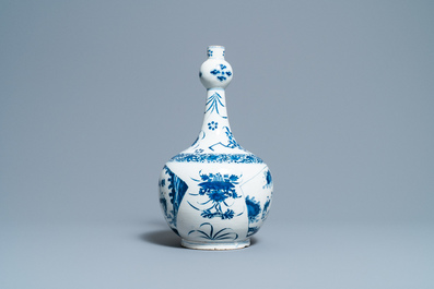 A Dutch Delft blue and white chinoiserie bottle vase in transitional style, ca. 1700
