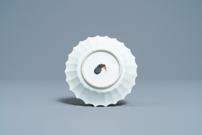 A lobed Chinese famille rose cup and saucer, Yongzheng