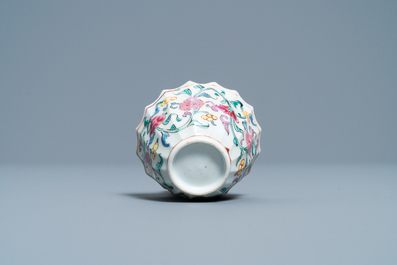A lobed Chinese famille rose cup and saucer, Yongzheng