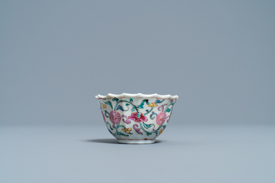 A lobed Chinese famille rose cup and saucer, Yongzheng