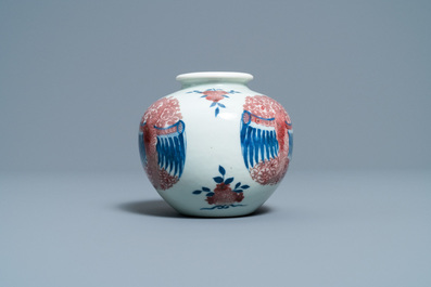 A Chinese blue, white and copper-red 'phoenixes' water pot, Kangxi mark, 19th C.