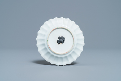 A lobed Chinese famille rose 'rooster' cup and saucer, Yongzheng