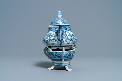 An extremely rare Arita blue and white Delft-style kettle on heating stand, Japan, Edo, ca. 1750
