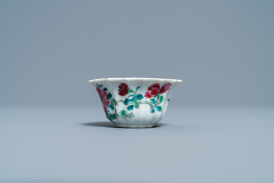 A lobed Chinese famille rose 'rooster' cup and saucer, Yongzheng