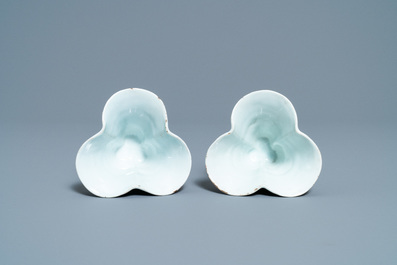 A pair of rare Chinese blue and white double-walled reticulated trilobed libation cups, Qianlong