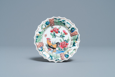 A lobed Chinese famille rose 'rooster' cup and saucer, Yongzheng